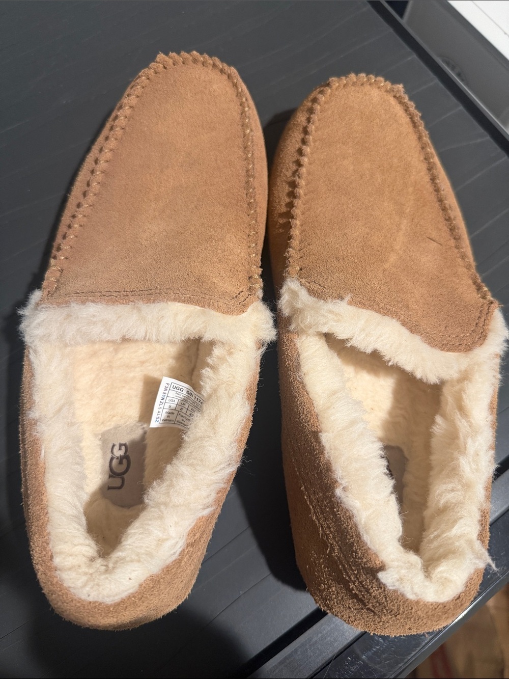 UGG Men’s Suede Moccasin Slippers in Chestnut with Cream Shearling